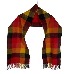 100% Wool Plaid scarf with fringes. Multicolored.      57 x 10.5